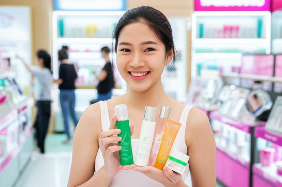 Bí mật sở hữu làn da đẹp rạng ngời tại Bến Tre! 1 Smiling woman buying skincare products Bến Tre